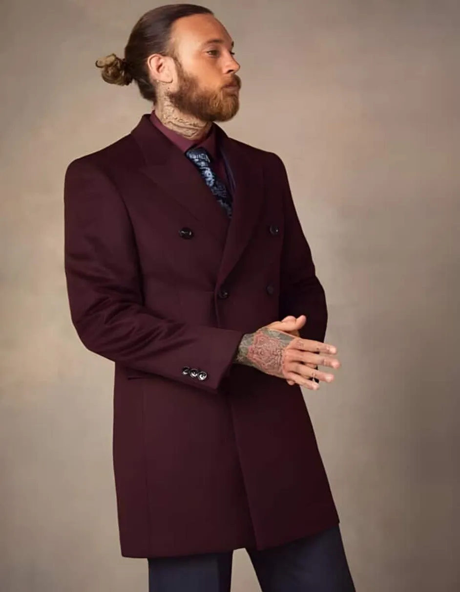 Men's Double Breasted Burgundy ~ Wool men's Car Coat Mid Length Three quarter length coat ~ Designer men's Wool Peacoat Sale