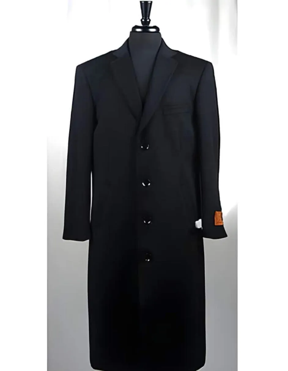 Mens Overcoat - Topcoat For Men - Winter Fabric - 4 Button Wool Blend Black Bravo Top Overcoat