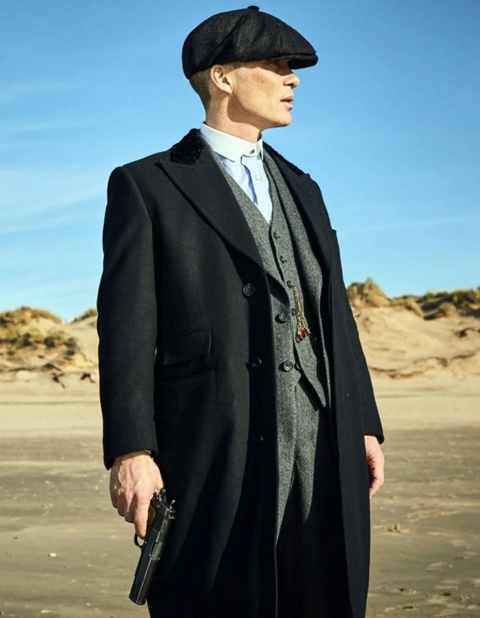 Mens Peaky Blinders Costume Thomas Shelby Grey Vested Suit with Black Overcoat & Hat