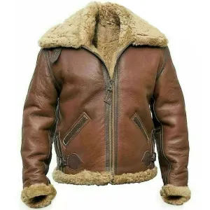 Men's Pilot B3 Bomber Brown Aviator Fur Shearling Leather Jacket