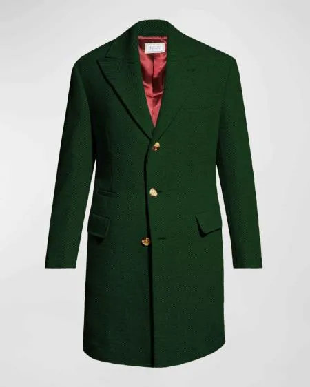 Mens Wool Carcoat - Dark Green Three Quarter Peak Lapel Topcoat