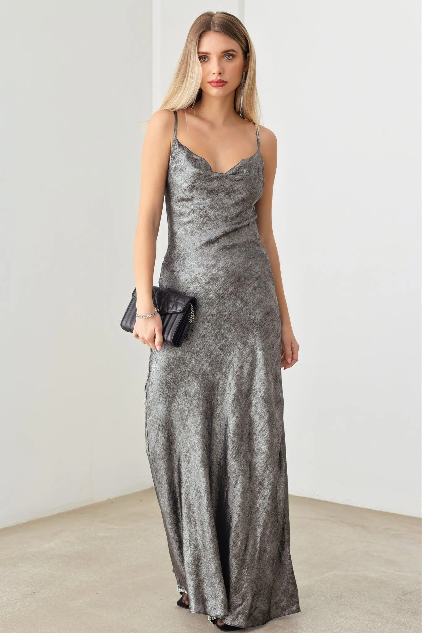 Metallic Cowl Neck Adjustable Strap Slip Maxi Dress