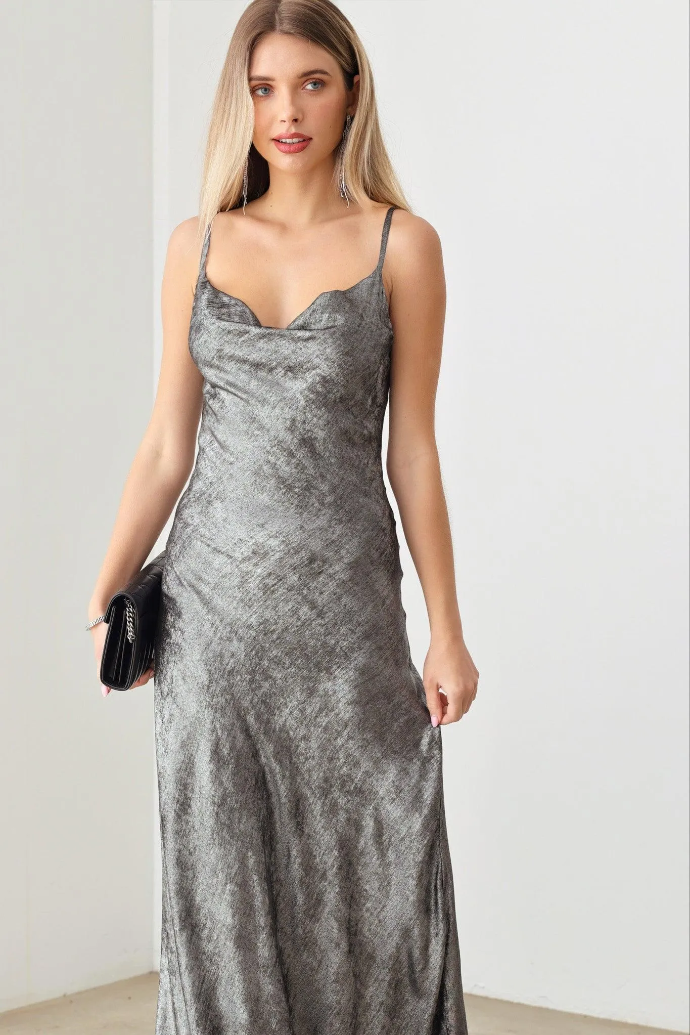 Metallic Cowl Neck Adjustable Strap Slip Maxi Dress