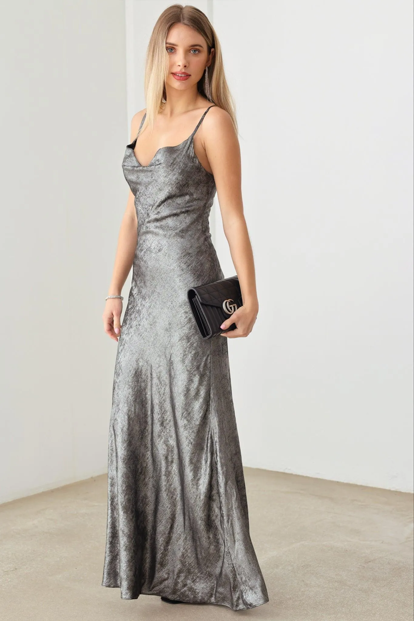 Metallic Cowl Neck Adjustable Strap Slip Maxi Dress