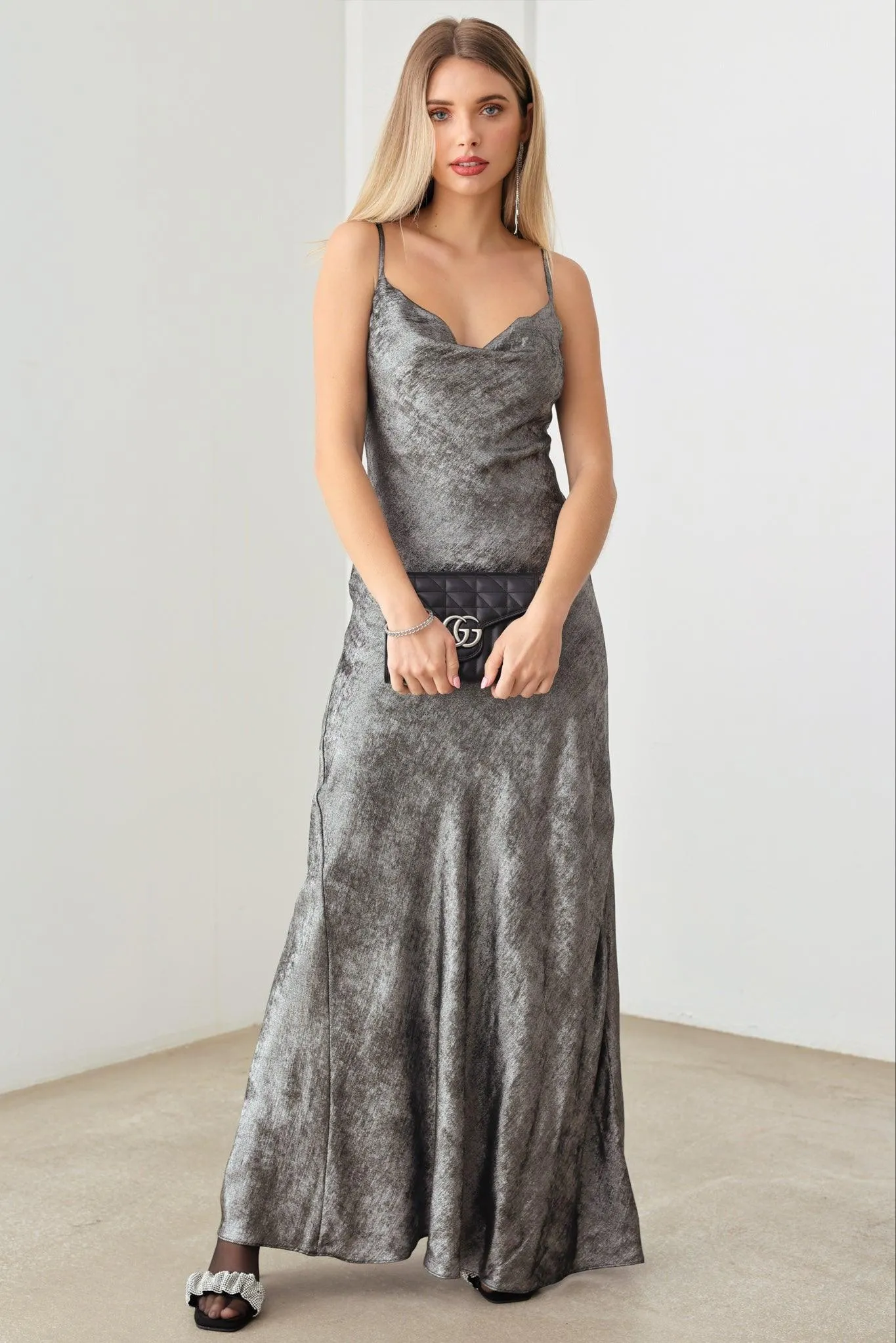 Metallic Cowl Neck Adjustable Strap Slip Maxi Dress