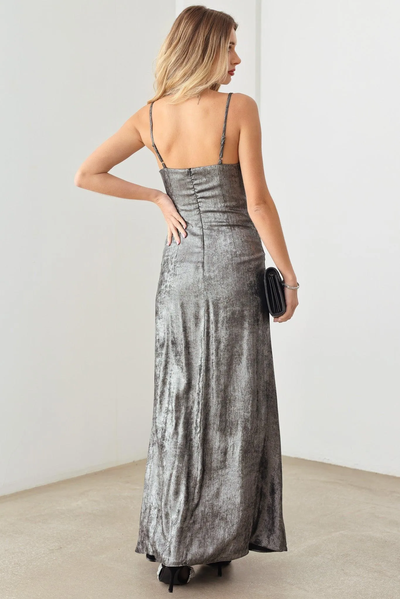 Metallic Cowl Neck Adjustable Strap Slip Maxi Dress