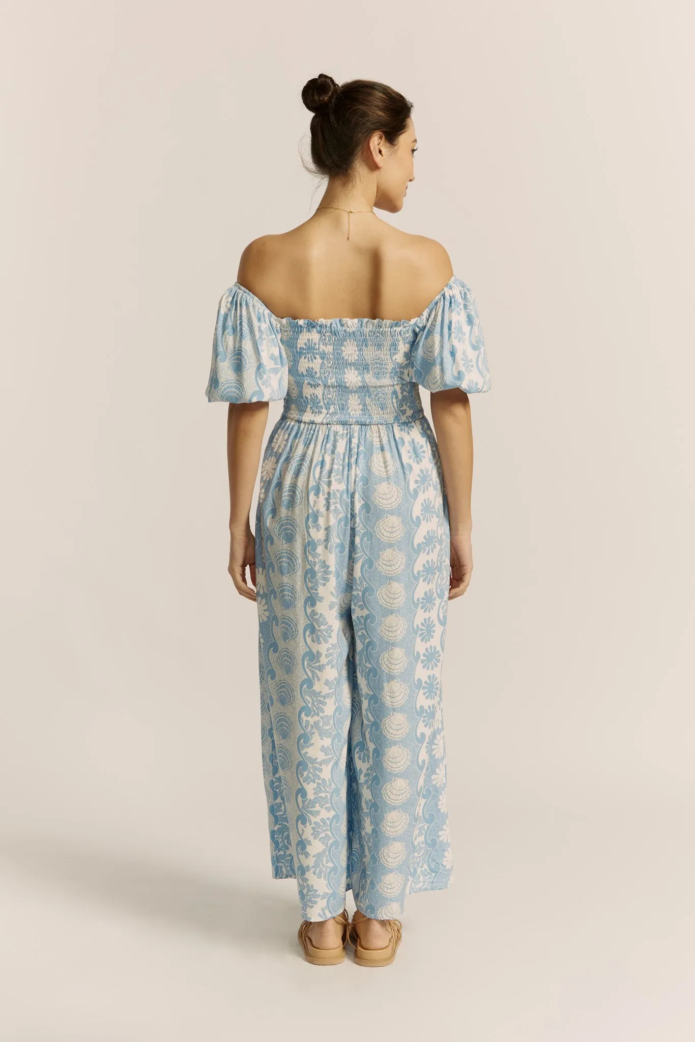 Oceane Blue Abstract Puff Sleeve Jumpsuit