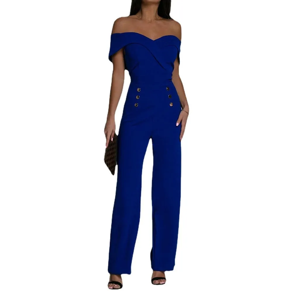 Off Shoulder Sweetheart Collar Front Button Pattern Jumpsuit