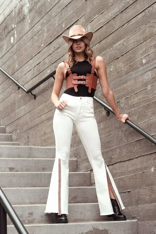 Off White High Waist Denim Flare Jeans With Jacquard Tape