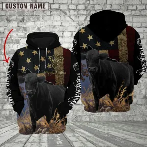 Personalized Name Black Angus Cattle US Flag All Over Printed 3D Hoodie