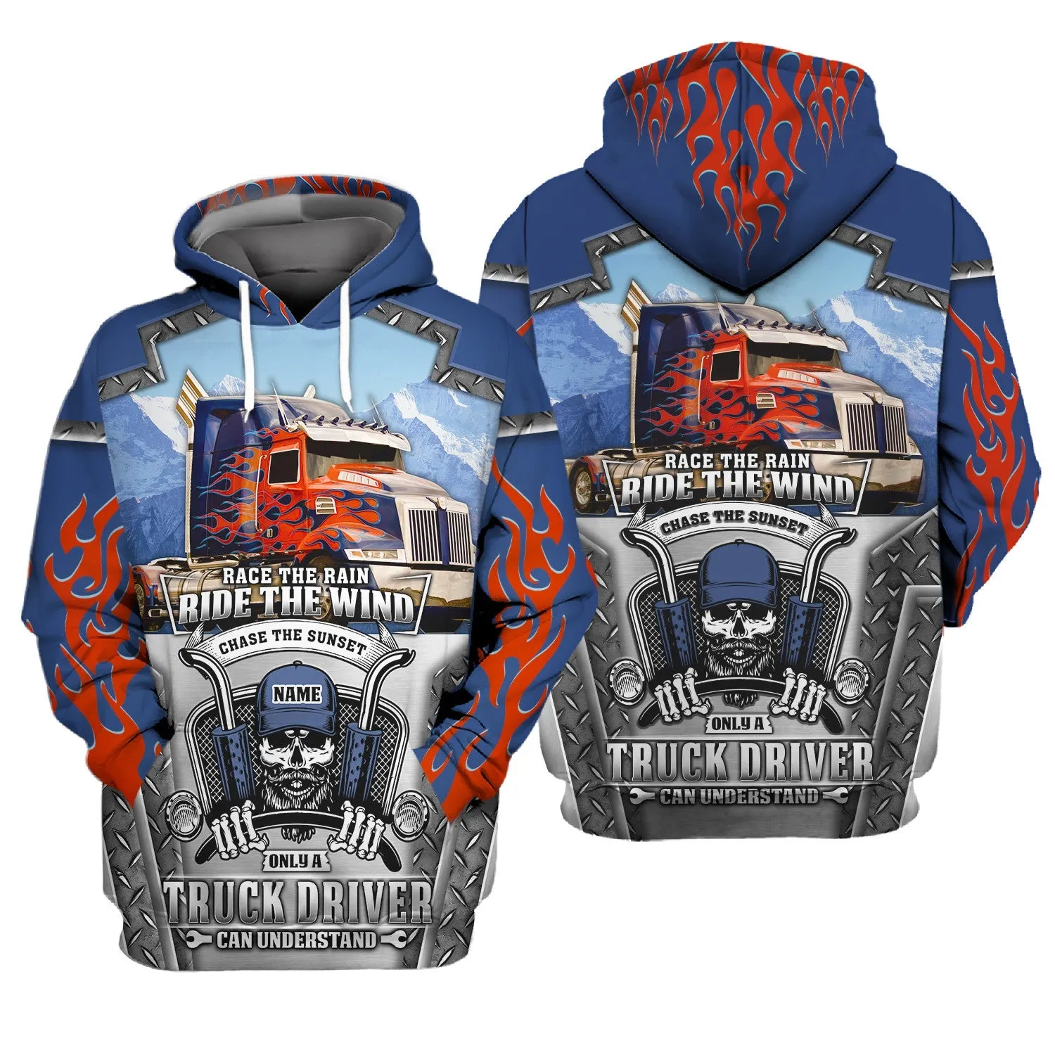 Personalized Name Blue & Red Fire Trucker Skull 3D All Over Printed Sweatshirt Hoodie, 3D Zipper Hoodie