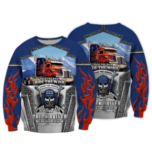 Personalized Name Blue & Red Fire Trucker Skull 3D All Over Printed Sweatshirt Hoodie, 3D Zipper Hoodie