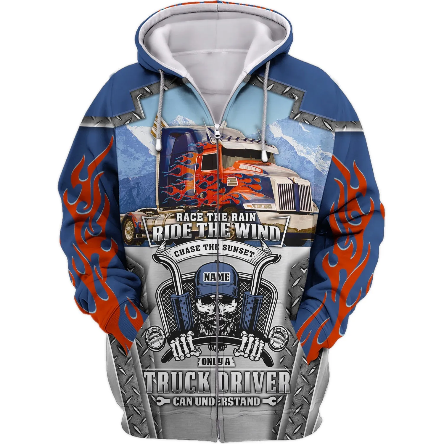 Personalized Name Blue & Red Fire Trucker Skull 3D All Over Printed Sweatshirt Hoodie, 3D Zipper Hoodie