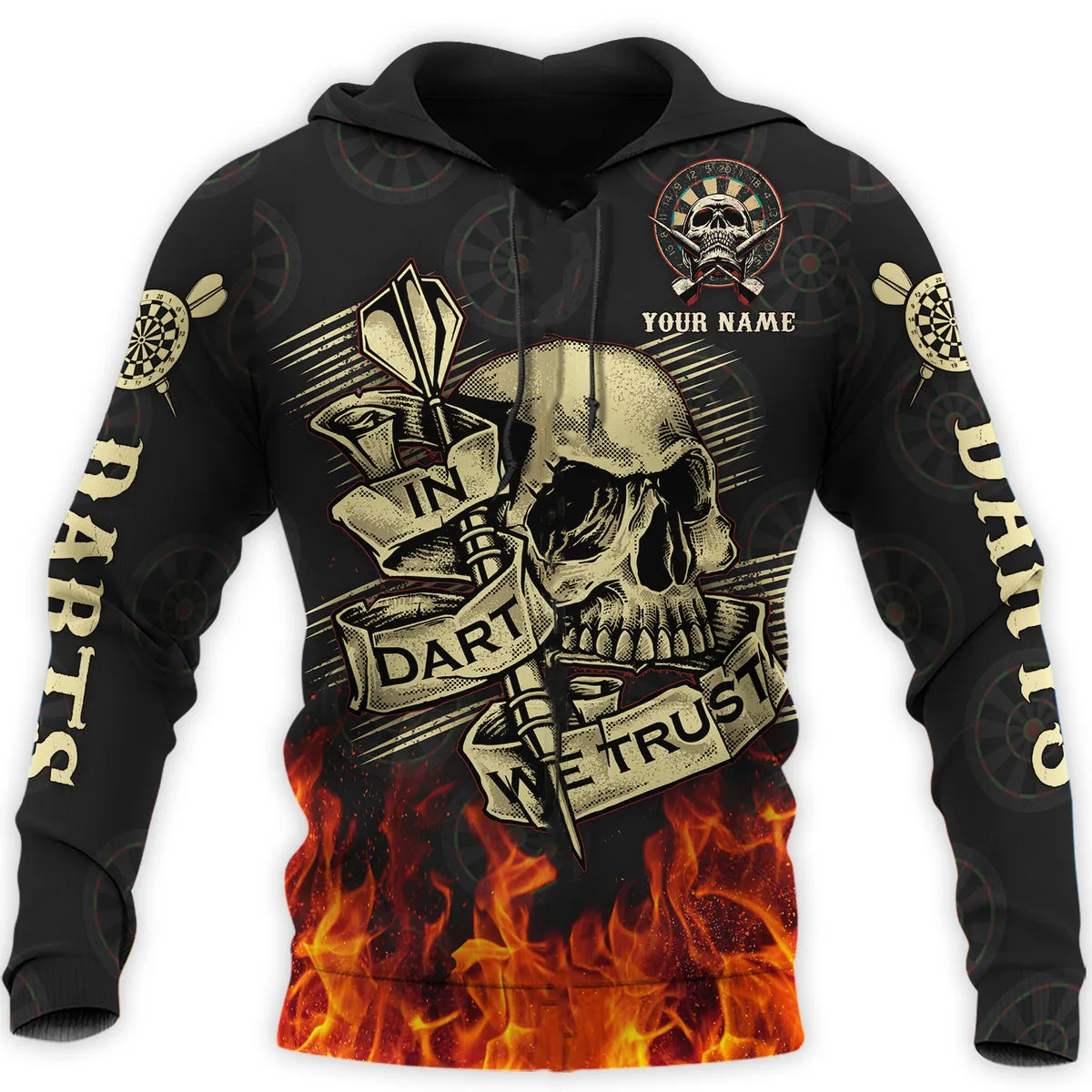 Personalized Name Dart Skull Fire Hoodie for Men, In Dart We Trust Shirt, Skull 3D Hoodie