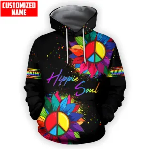 Personalized Name Hippie Sunflower Peace Sign, Colorful Hippie Soul Hoodie