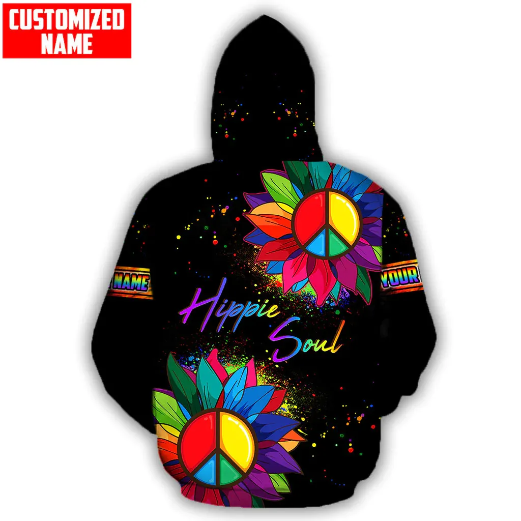 Personalized Name Hippie Sunflower Peace Sign, Colorful Hippie Soul Hoodie