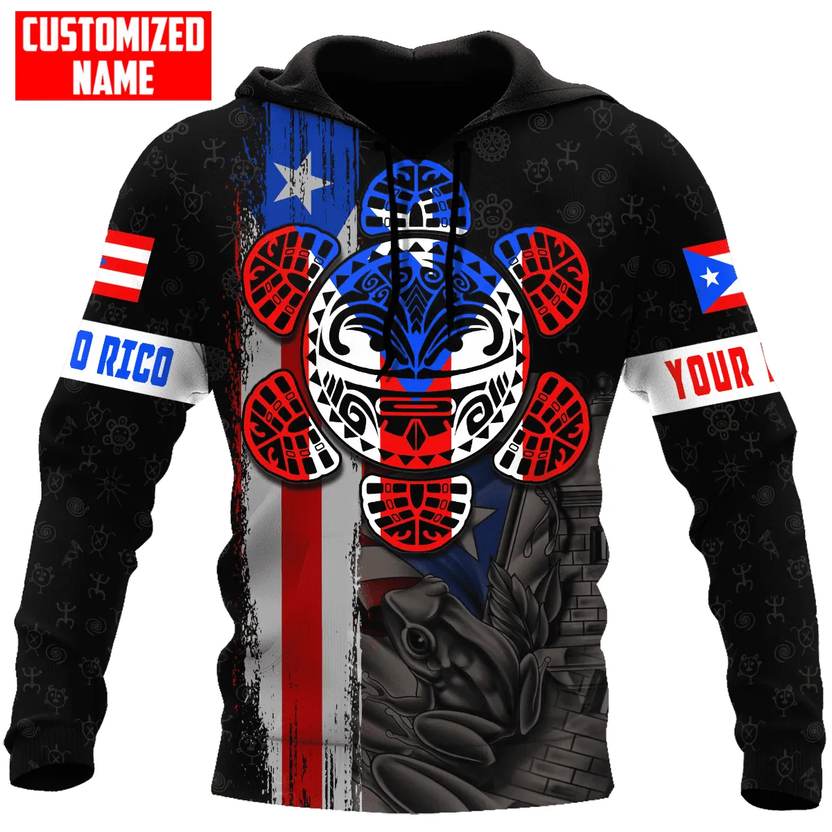 Personalized Name Puerto Rico Sun Taino Tattoo Flag Unisex Sweatshirt Hoodie