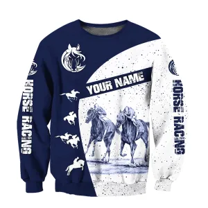 Personalized Name White and Navy Horse Racing Shirts For Men And Women, Idea Gift for Horse Racing Loves