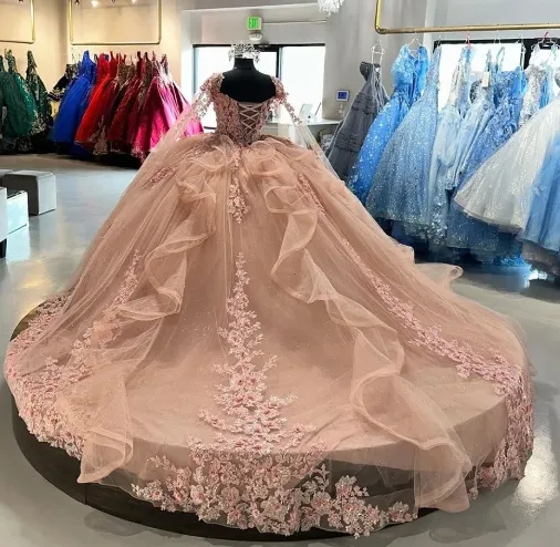 Pink Ball Gown Quinceanera Dresses with Cape 15 Party 3D Flower Princess Dresses with Lace     fg4104