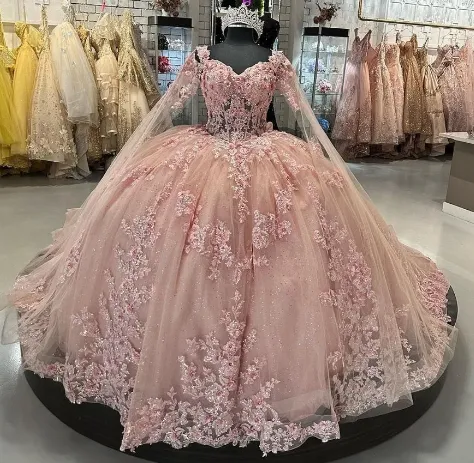 Pink Ball Gown Quinceanera Dresses with Cape 15 Party 3D Flower Princess Dresses with Lace     fg4104