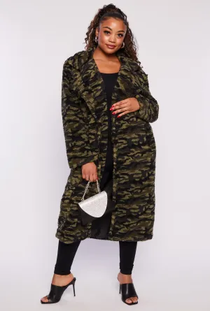 Plus Size Patterned Teddy Coat