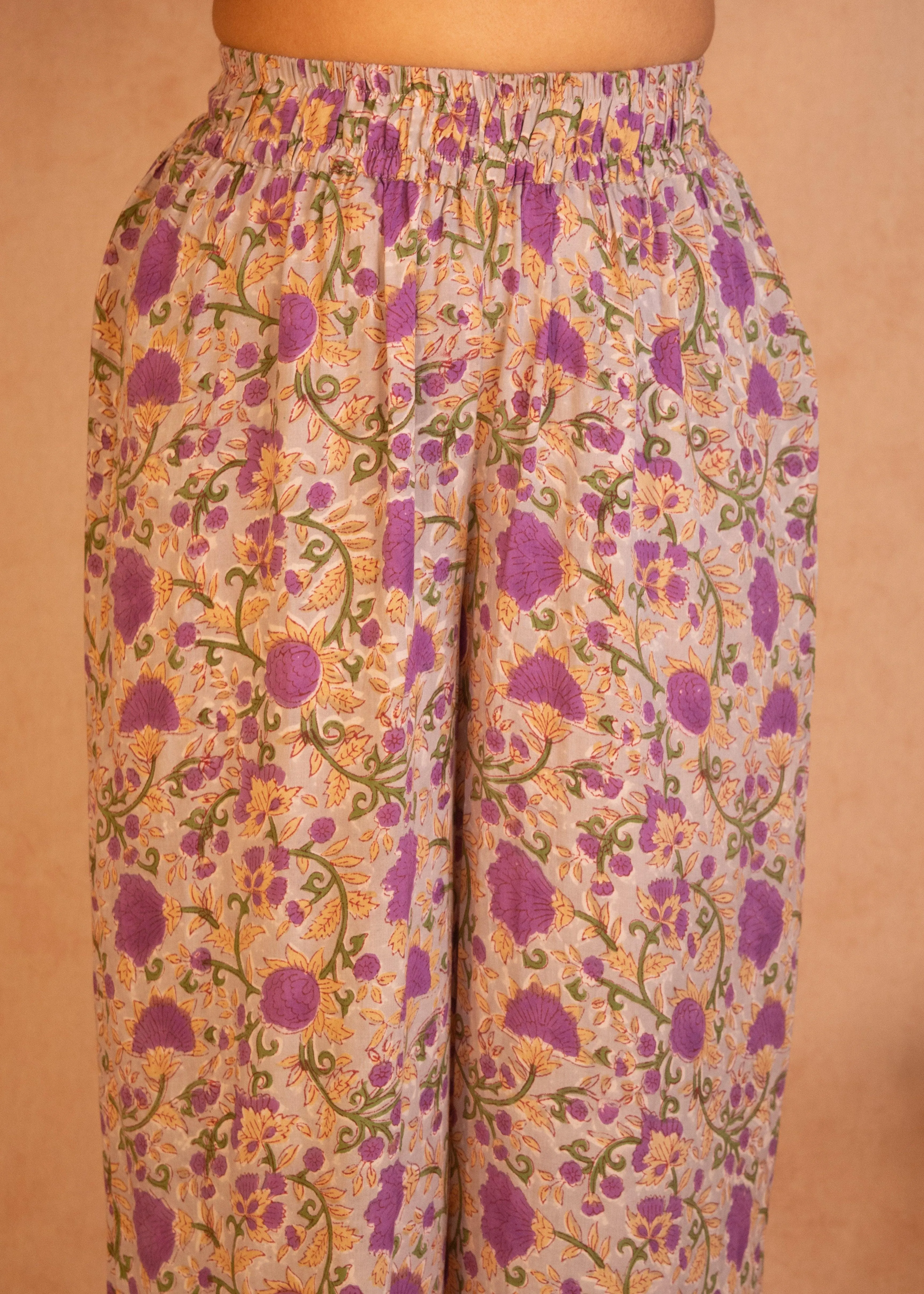 Purple Hand Block Printed High Waist Pant