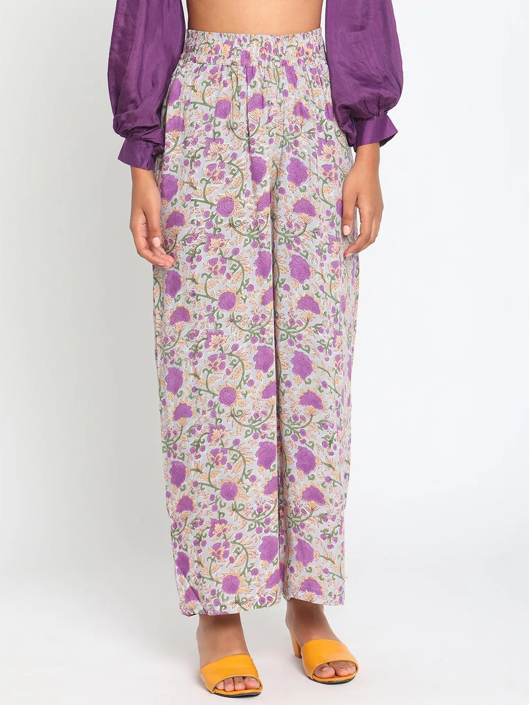 Purple Hand Block Printed High Waist Pant