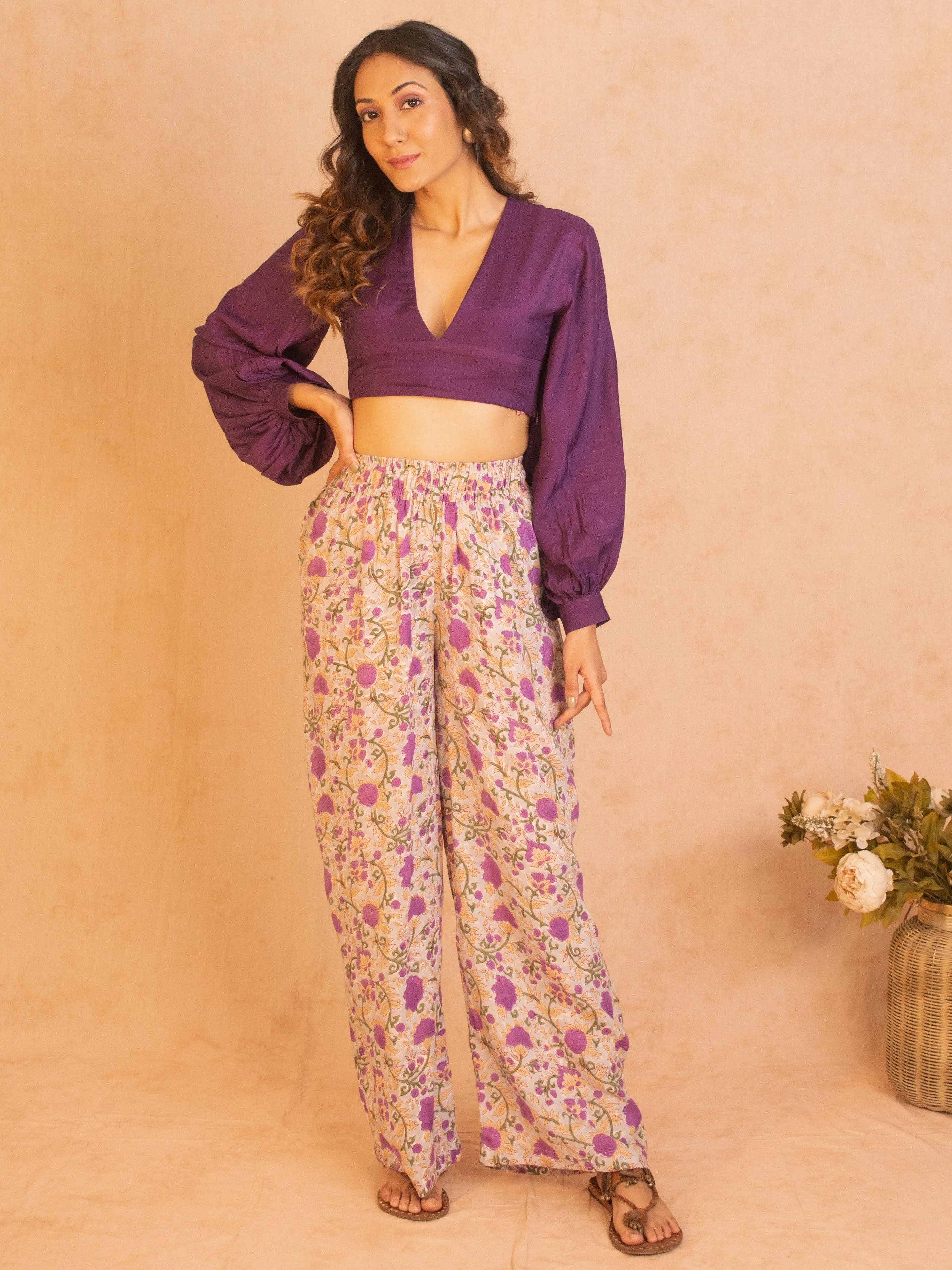 Purple Hand Block Printed High Waist Pant