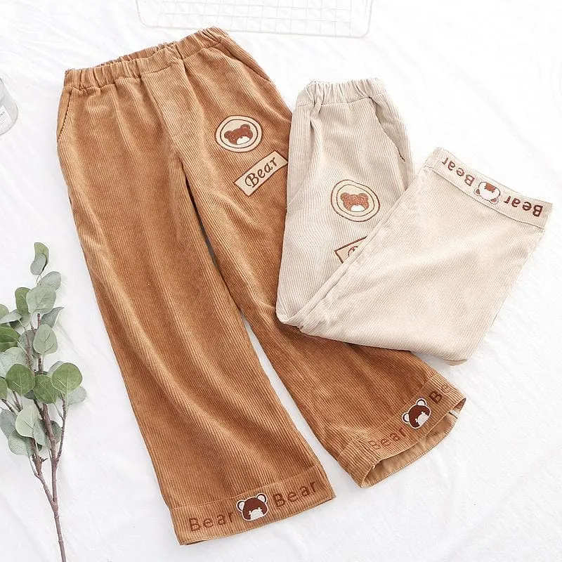 "Bear Bear" Corduroy Pants With Bear Embroideries