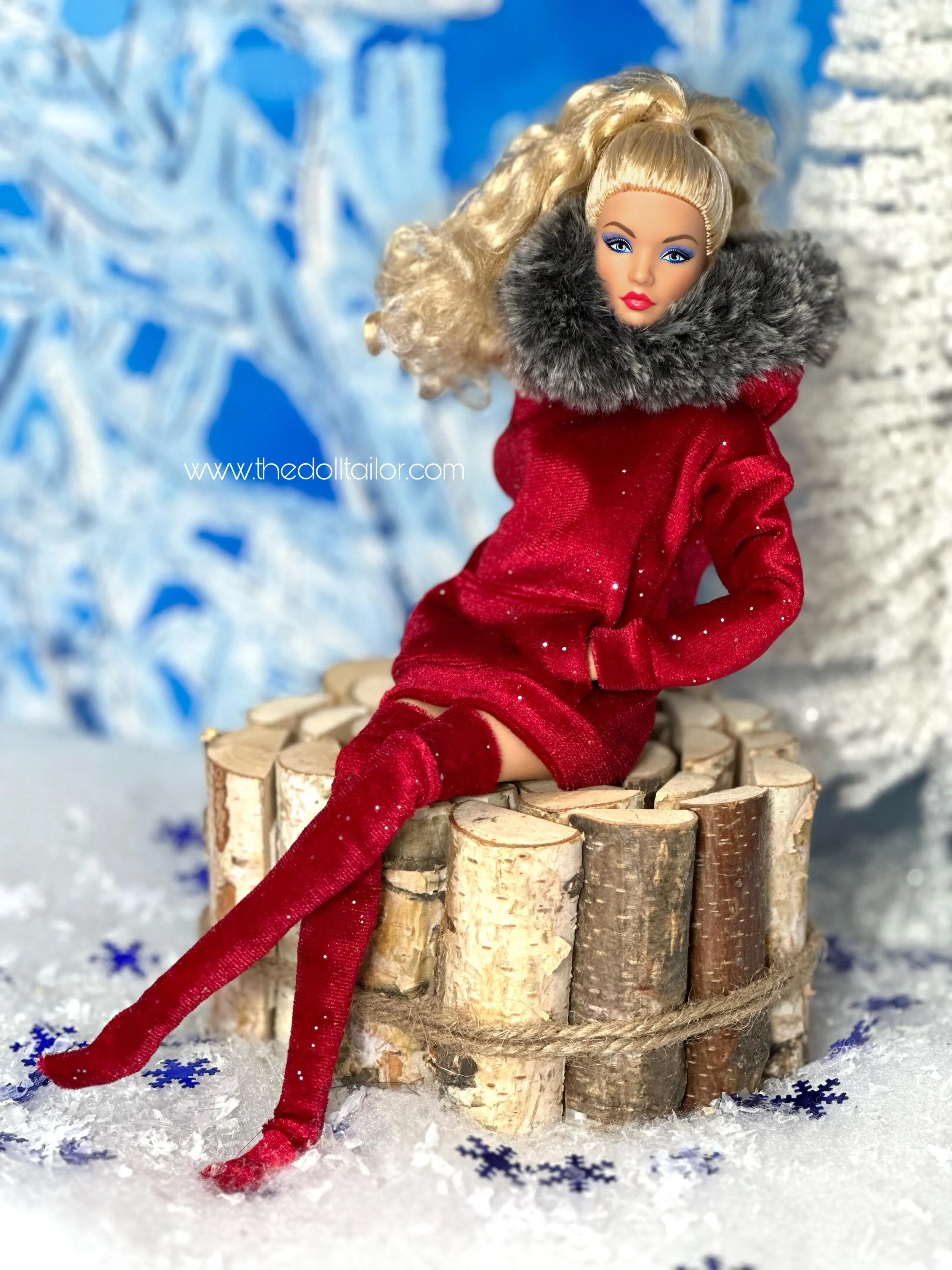 Red velvet hoodie with fur for fashion dolls and red thigh highs