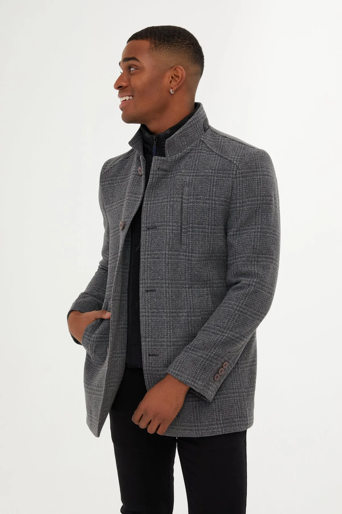 Regular Fit Cachet Stand Collar Wool Blend Gray Overcoat