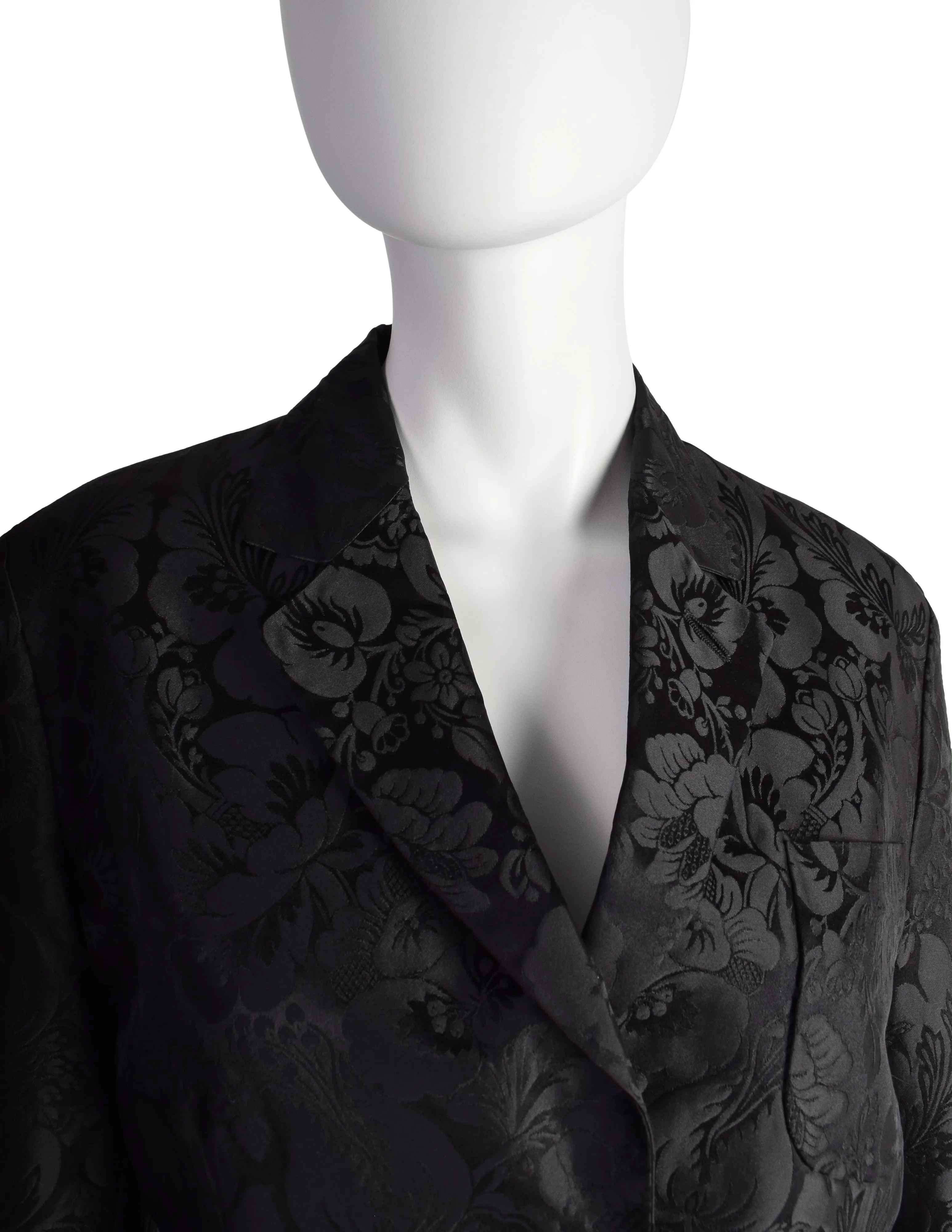 Romeo Gigli Vintage Estate 1996 Black Silk Jacquard Floral Damask Two Piece Jacket and Pant Suit