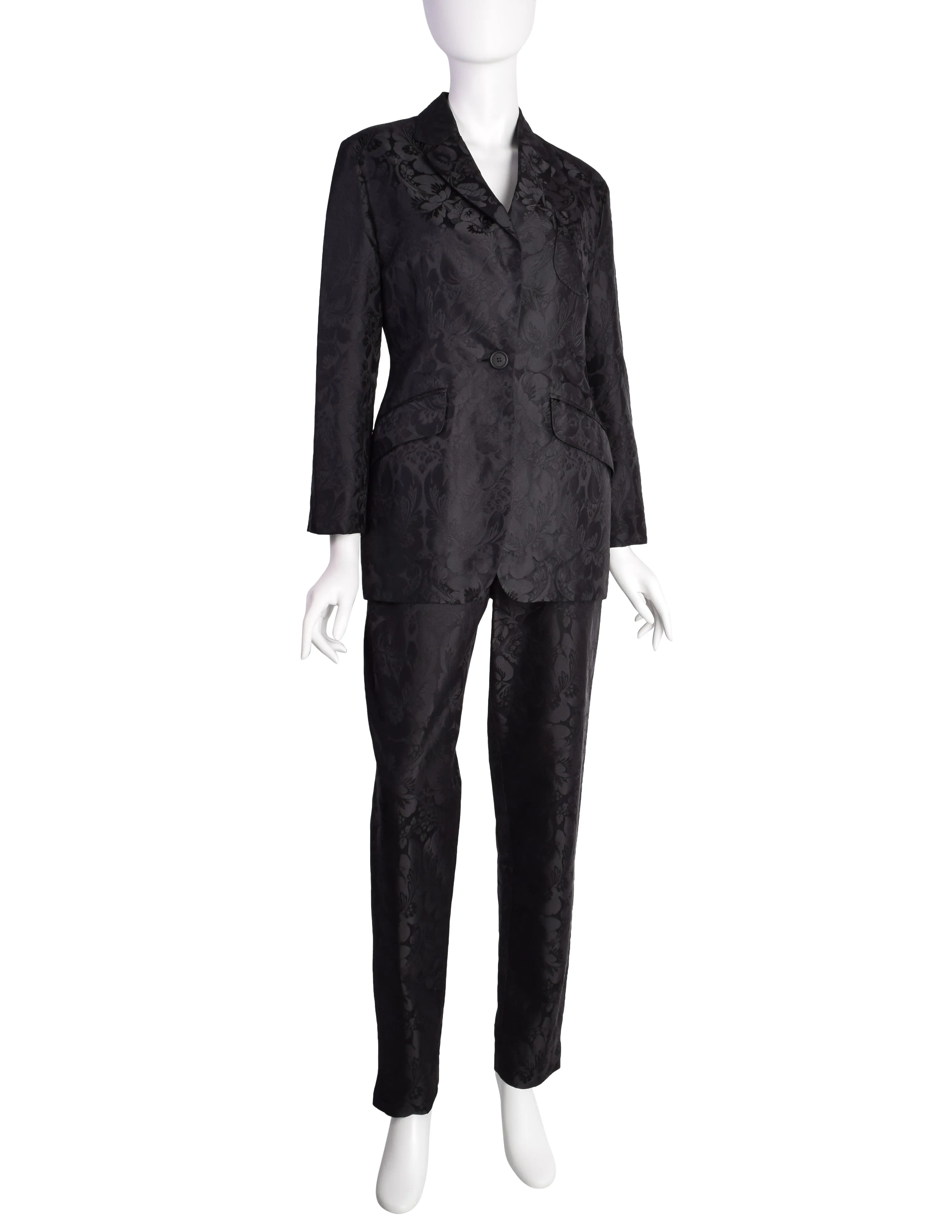 Romeo Gigli Vintage Estate 1996 Black Silk Jacquard Floral Damask Two Piece Jacket and Pant Suit