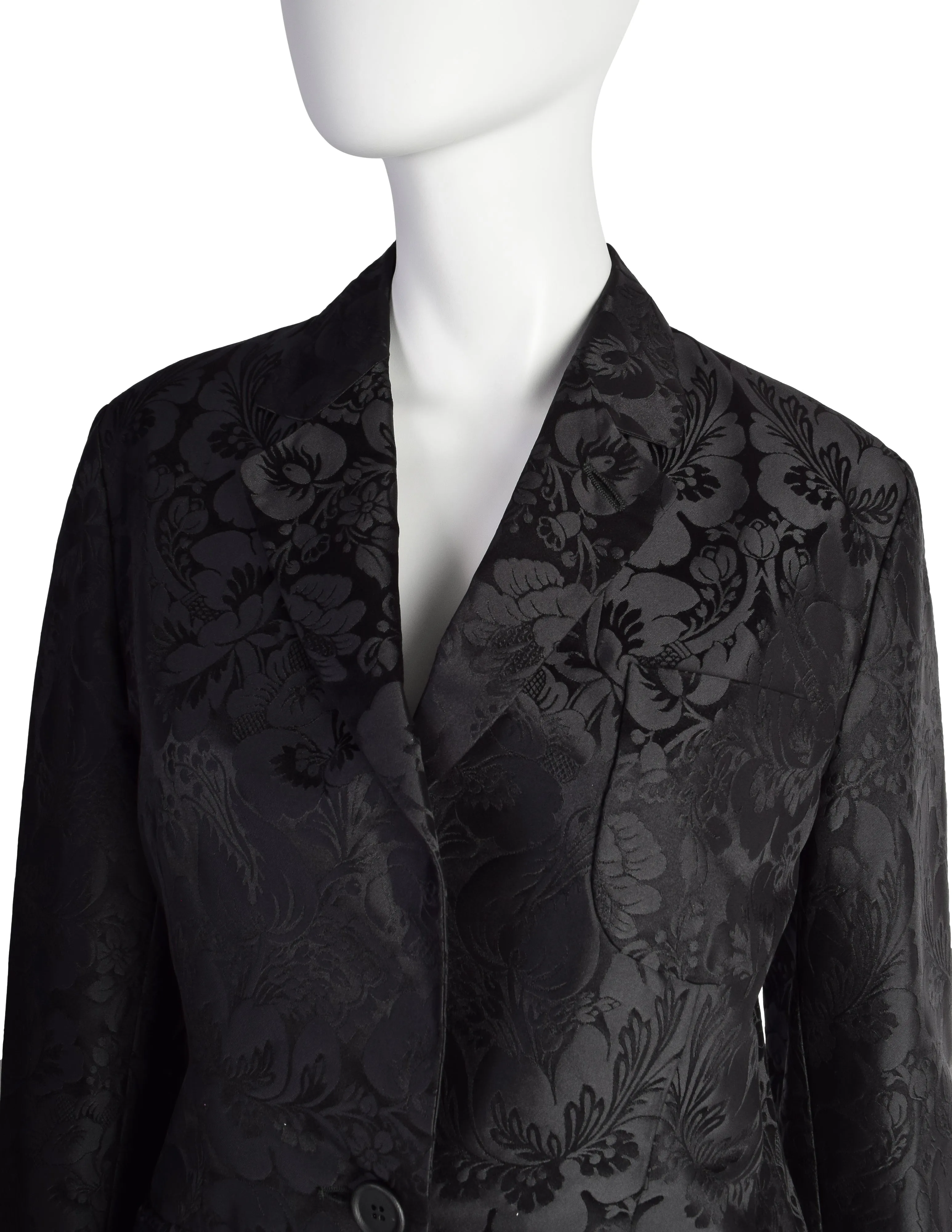 Romeo Gigli Vintage Estate 1996 Black Silk Jacquard Floral Damask Two Piece Jacket and Pant Suit