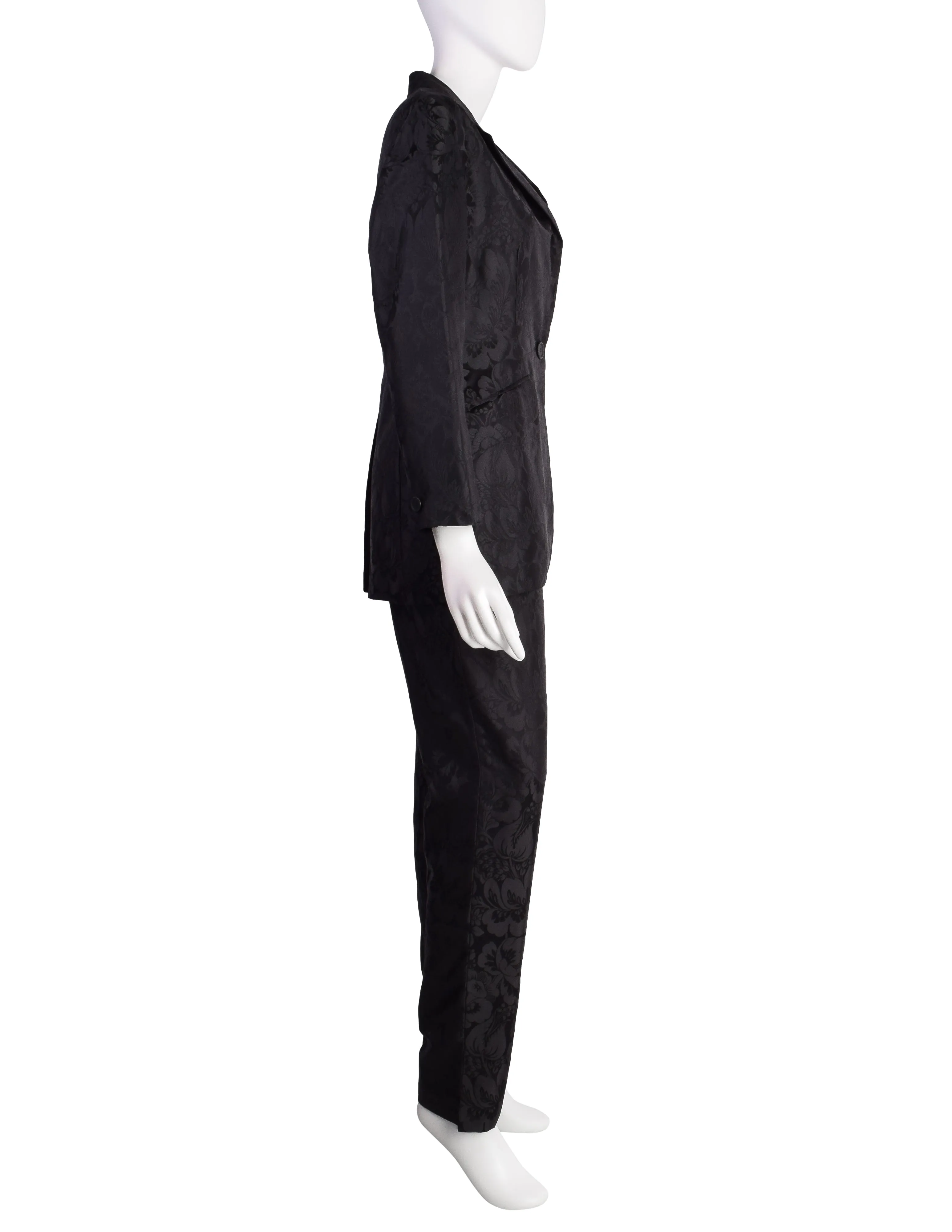 Romeo Gigli Vintage Estate 1996 Black Silk Jacquard Floral Damask Two Piece Jacket and Pant Suit