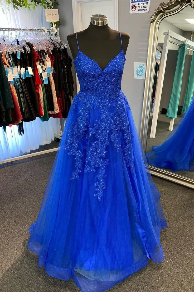 Royal Blue Appliques Deep V Neck Lace-Up A-line Tulle Long Prom Dress     fg4605