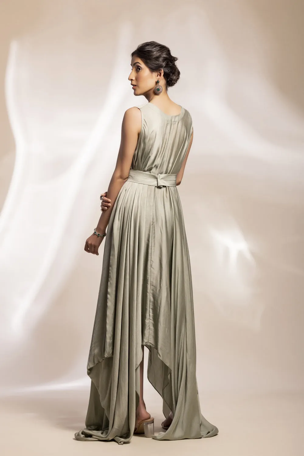 Sage Green Modal Satin Drape With Embroidered Tulle Cape.