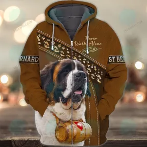 Saint Bernard Love Brown Never Walk Alone 3D Full Print Shirts, Christmas Dog Memorial Gifts for loss of Dog