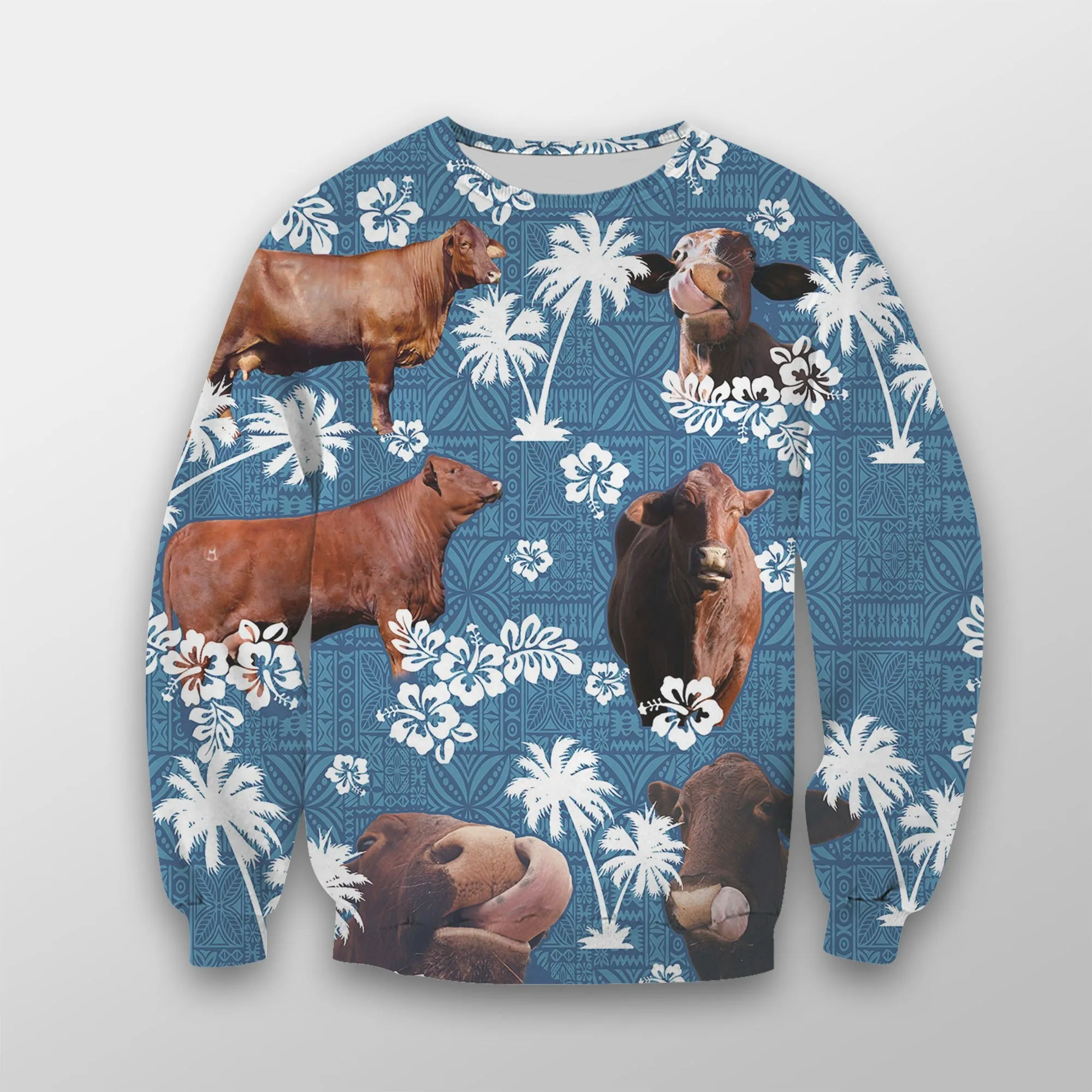 Santa Gertrudis Tropical Flower Blue Tribal 3D Crewneck Christmas Sweatshirt