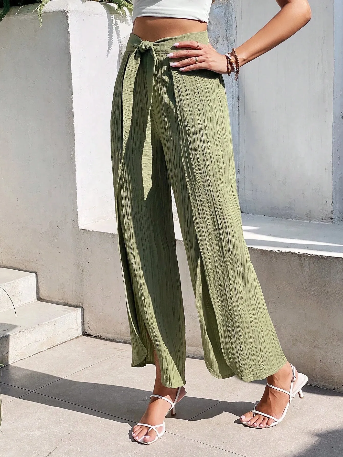 SHEIN Frenchy Split Thigh Belted Wide Leg Pants