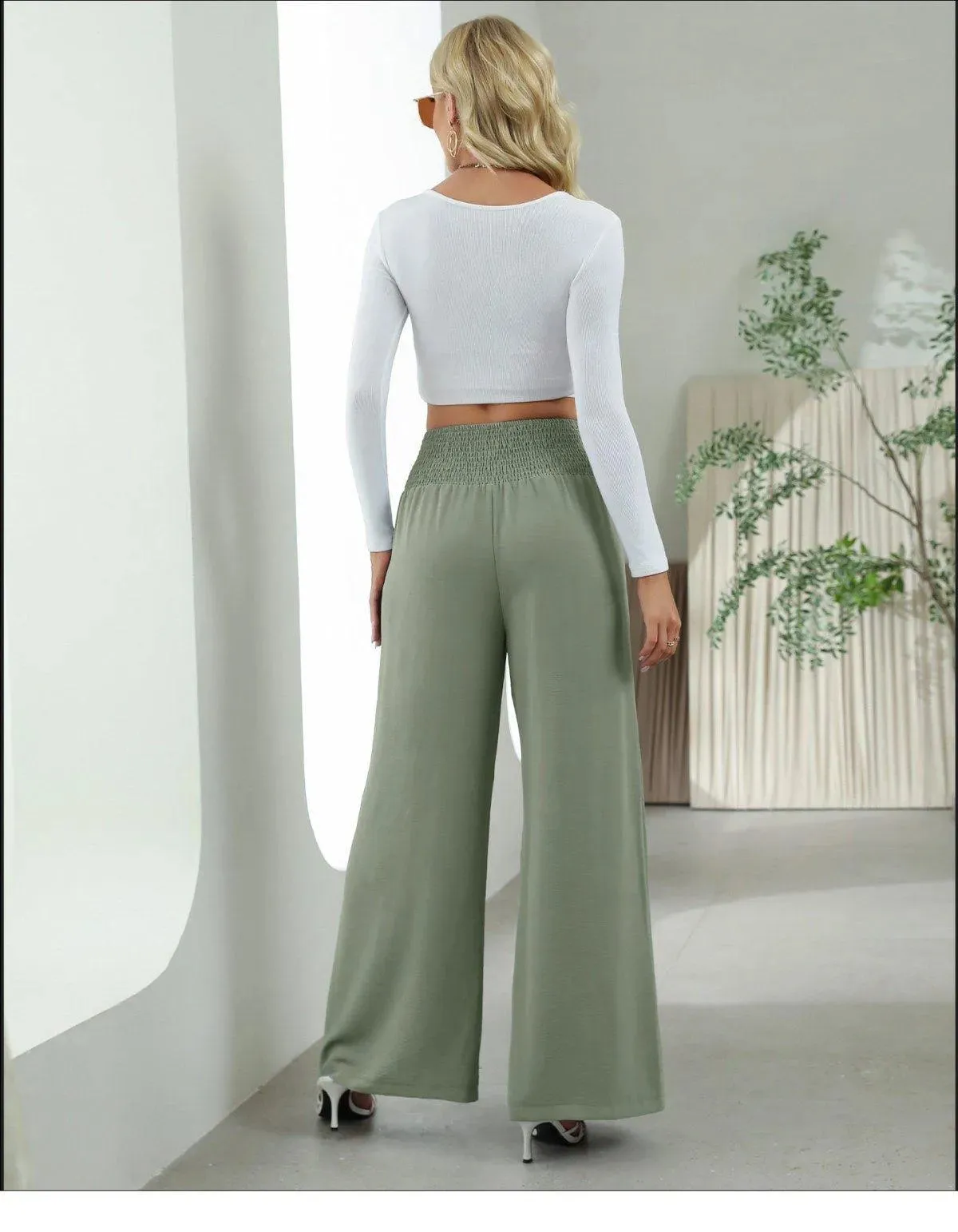 Shirred Elastic Waist High Waist Buttoned Wide Leg Pants