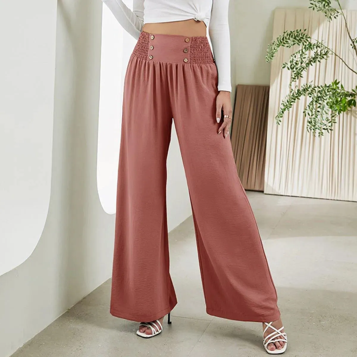 Shirred Elastic Waist High Waist Buttoned Wide Leg Pants