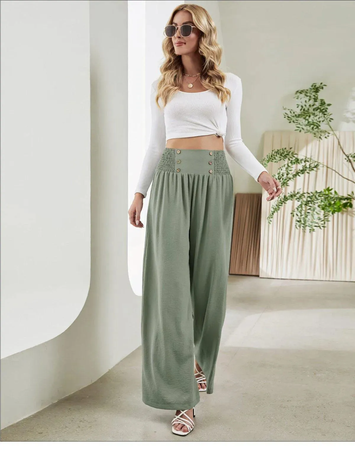 Shirred Elastic Waist High Waist Buttoned Wide Leg Pants