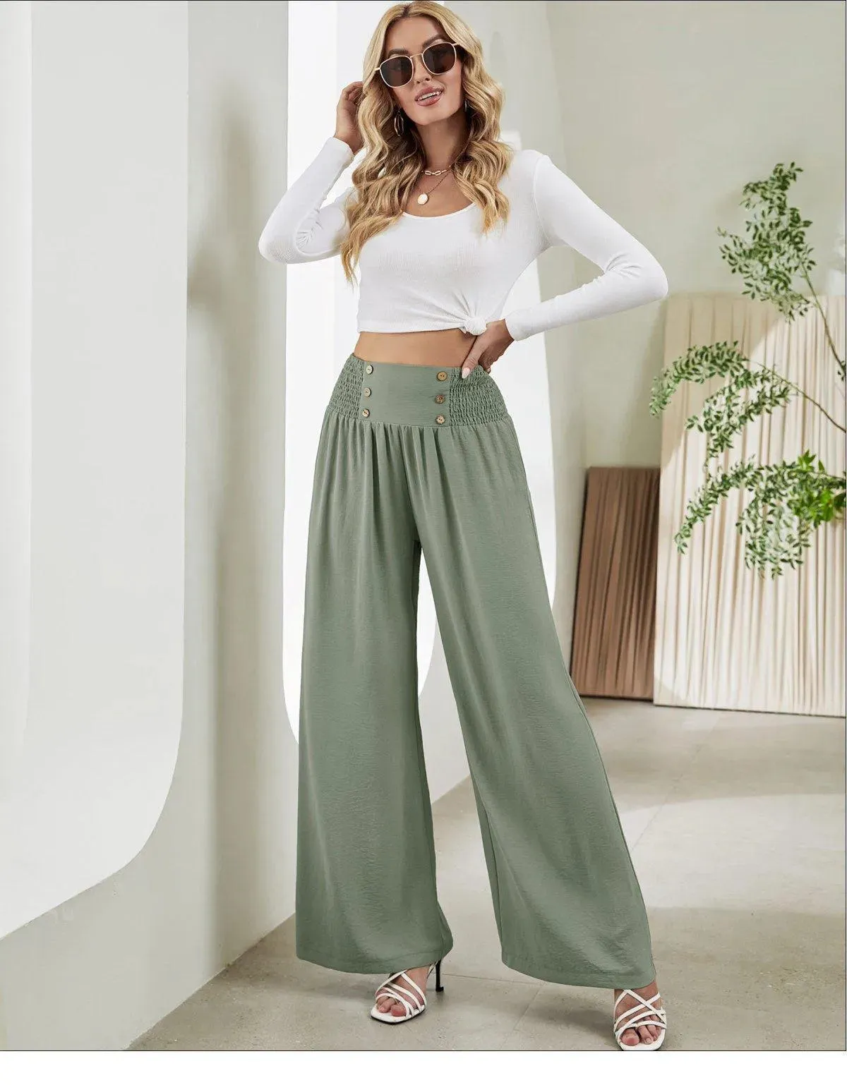 Shirred Elastic Waist High Waist Buttoned Wide Leg Pants