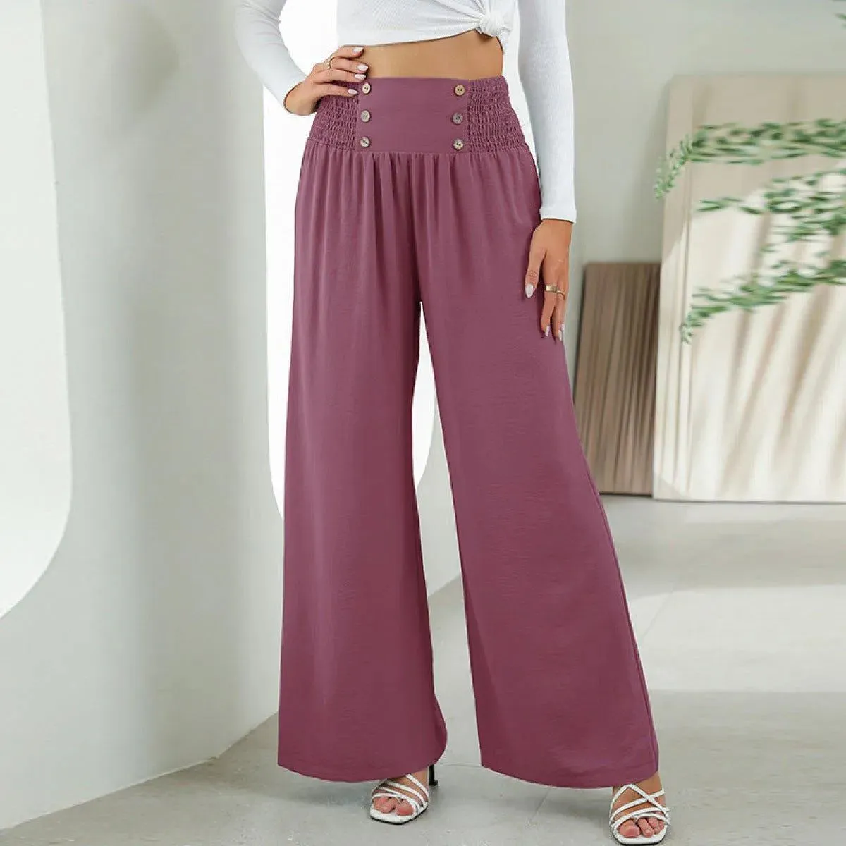 Shirred Elastic Waist High Waist Buttoned Wide Leg Pants