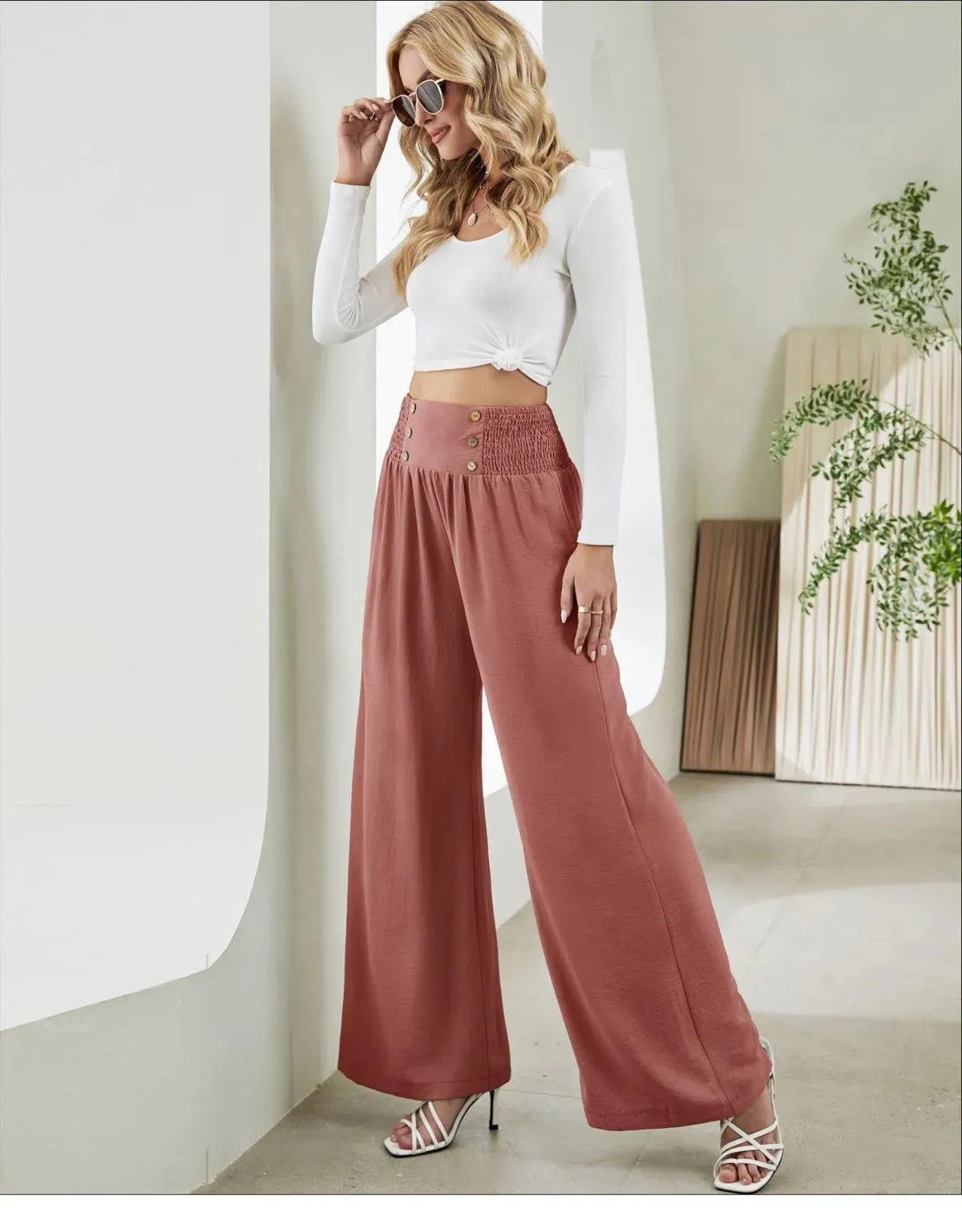 Shirred Elastic Waist High Waist Buttoned Wide Leg Pants