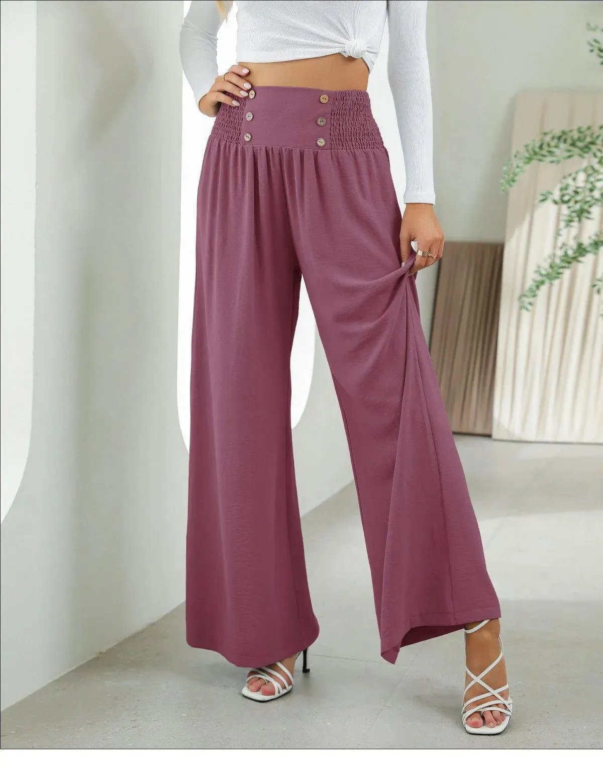 Shirred Elastic Waist High Waist Buttoned Wide Leg Pants