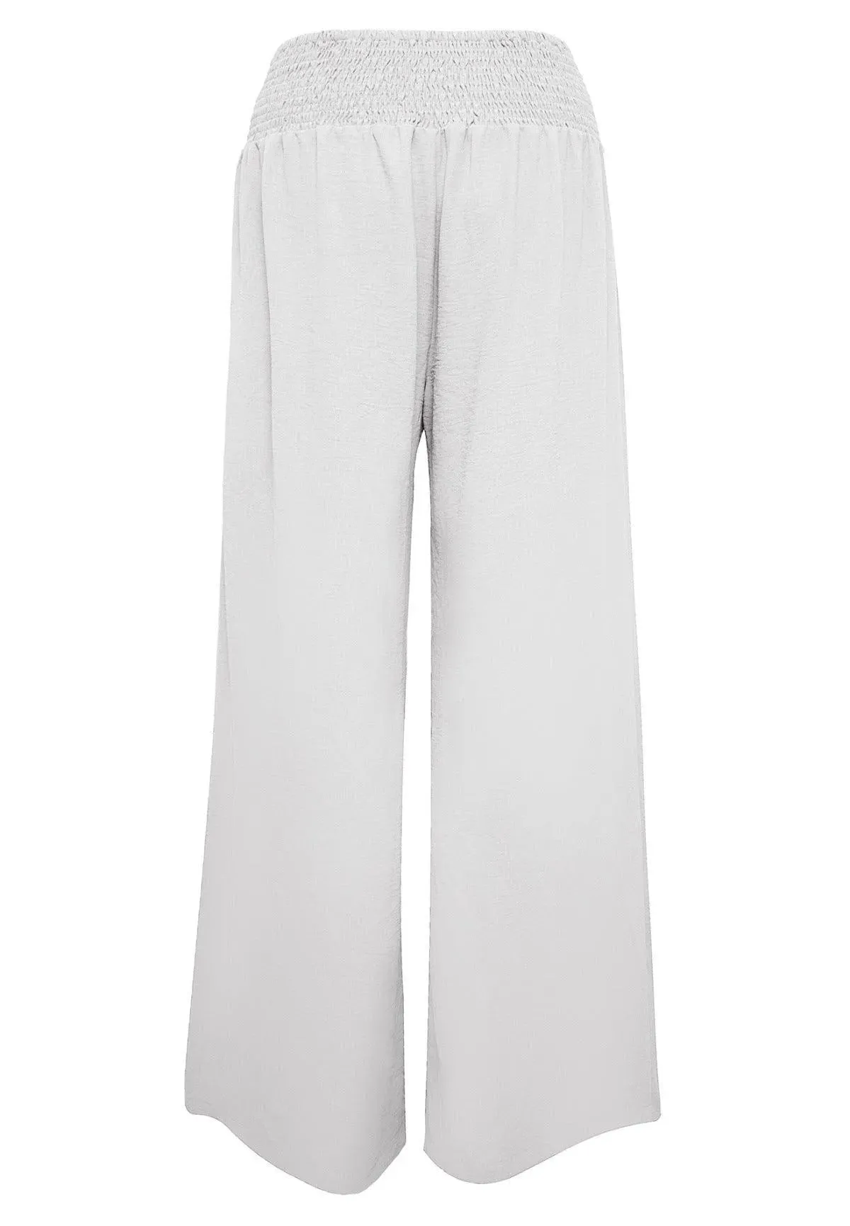 Shirred Elastic Waist High Waist Buttoned Wide Leg Pants