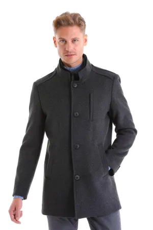 Slim Fit Cachet Stand Collar Dark Gray Wool Blend Overcoat