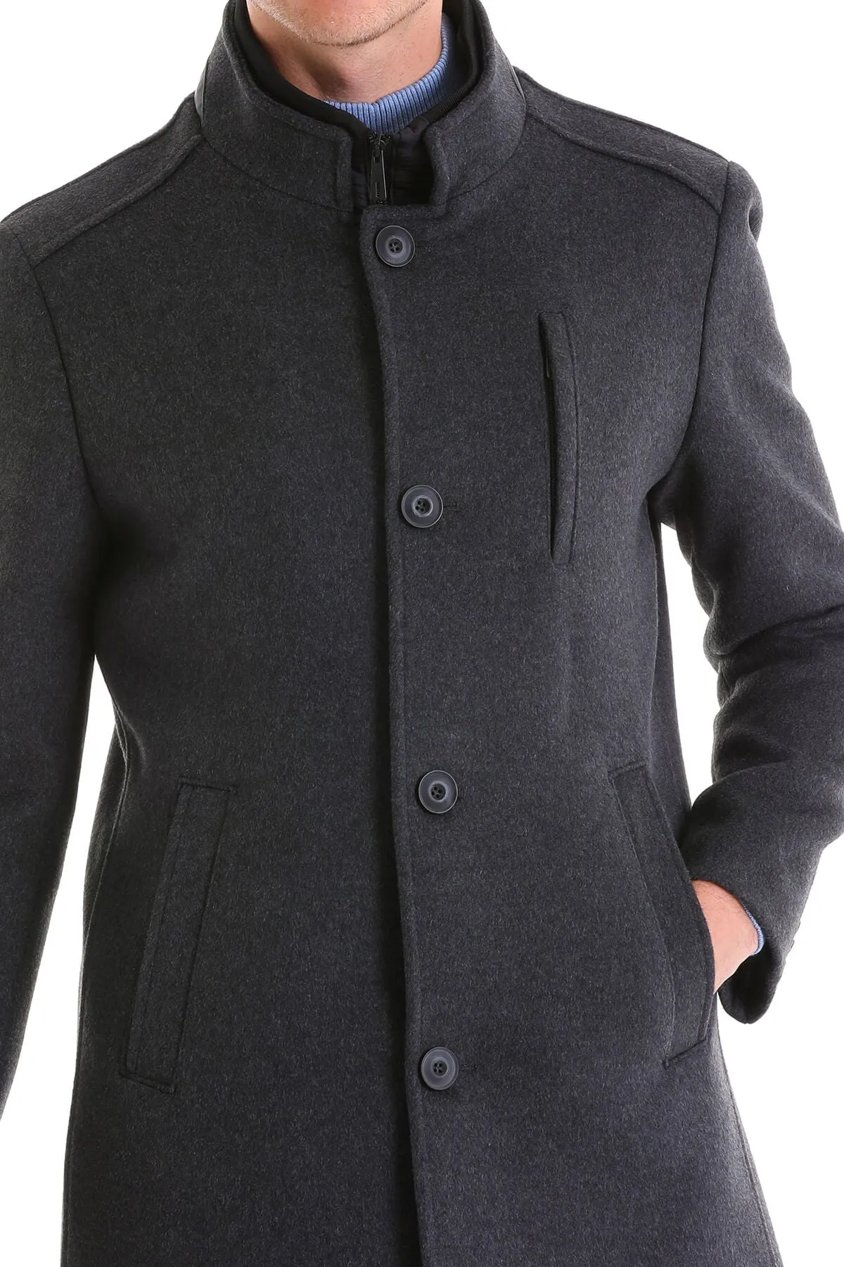 Slim Fit Cachet Stand Collar Dark Gray Wool Blend Overcoat